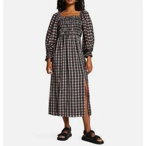 River Island shirred square neck check midi dress black/pink Size 10